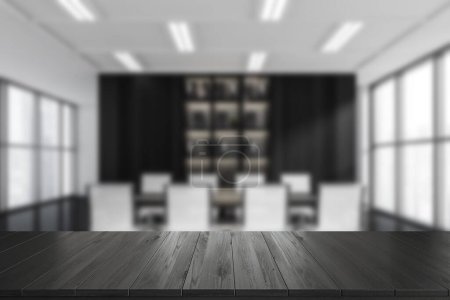 Photo for Conference room interior, black wooden table on background of blurred office room. Board and armchairs, shelf and panoramic window. Mockup for product display. 3D rendering - Royalty Free Image