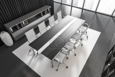 Photo for Top view of dark conference interior with armchairs and board. Negotiation room and cabinet with documents, panoramic window on Singapore city view. 3D rendering - Royalty Free Image