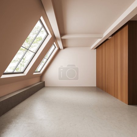 Téléchargez les photos : Intérieur grenier beige avec sol en béton, vue de face, studio moderne vide sans meubles. Fenêtre panoramique sur campagne. rendu 3D - en image libre de droit
