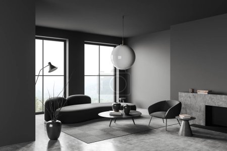 Foto de Interior de relax oscuro con sofá y sillón, vista lateral, mesa de centro en la alfombra, suelo de hormigón gris. Chimenea, lámpara y ventana panorámica con vistas al campo. Renderizado 3D - Imagen libre de derechos