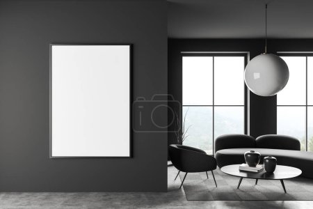 Photo for Dark living room interior with sofa and armchair, coffee table with decoration on carpet, grey concrete floor. Panoramic window on countryside. Mock up blank poster. 3D rendering - Royalty Free Image