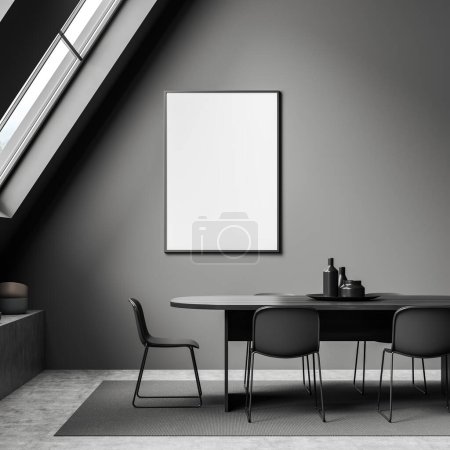 Photo for Dark attic meeting room interior with chairs and table, carpet on grey concrete floor. Panoramic window on countryside. Mock up canvas poster. 3D rendering - Royalty Free Image