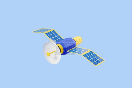Foto de Satélite con alas solares sobre fondo azul. Concepto de internet y conexión. Renderizado 3D - Imagen libre de derechos