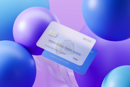 Two bank credit card for payment and purchase, abstract geometric background. Concept of purchase and transaction. 3D rendering