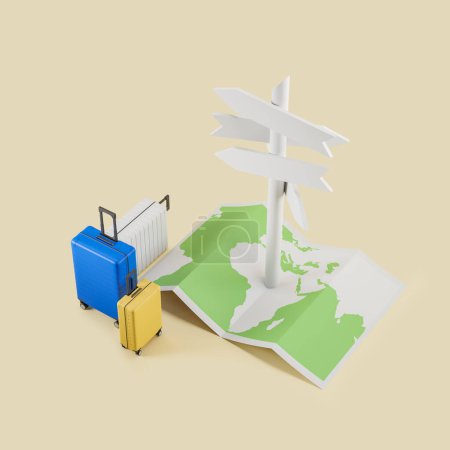 Photo for Top view of colorful suitcases, world paper map and blank direction signs. Concept of destination, road pointer and choice. Mockup copy space, 3D rendering - Royalty Free Image