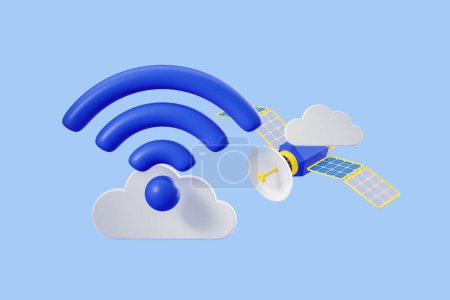Foto de Satélite volador con icono wifi, nubes sobre fondo azul. Concepto de wifi y conexión inalámbrica. Renderizado 3D - Imagen libre de derechos