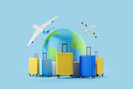 Photo for Colorful suitcases in row, earth sphere and flying airplanes on blue background. Concept of travel and weekends. 3D rendering - Royalty Free Image
