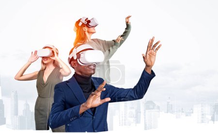 Photo for Black and white business people wearing vr glasses headset, hands touching, New York cityscape on background. Concept of teamwork in metaverse - Royalty Free Image