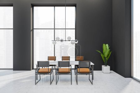Photo for Modern meeting interior with chairs and dining table, light concrete floor. Panoramic window on Singapore city view. 3D rendering - Royalty Free Image