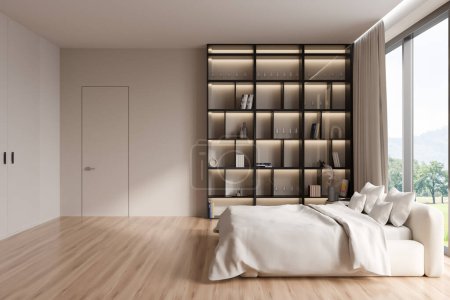 Photo for Light bedroom interior bed and shelf with art decoration, side view, hardwood floor. Panoramic window on countryside. Minimalist hotel studio apartment. 3D rendering - Royalty Free Image
