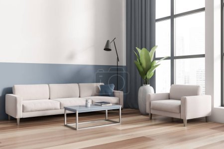 Photo for Stylish living room interior with sofa and armchair on hardwood floor, side view. Coffee table with decoration near panoramic window on city view. Mockup empty wall, 3D rendering - Royalty Free Image
