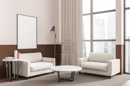 Photo for Light relax corner interior with armchairs and coffee table, side view, carpet on hardwood floor. Panoramic window in Singapore city view. Mock up poster. 3D rendering - Royalty Free Image