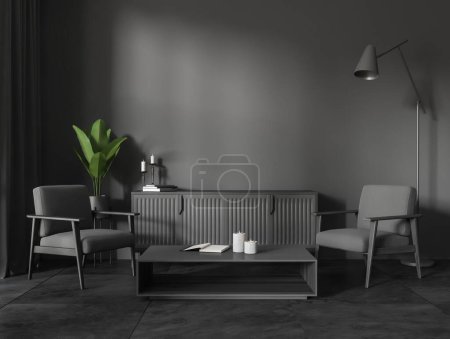 Photo for Dark living room interior with two armchairs and coffee table, sideboard with candle on grey tile floor. Relax space and mockup empty wall, 3D rendering - Royalty Free Image