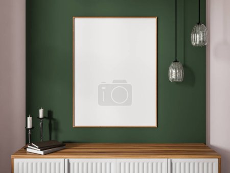 Photo for Modern living room interior with sideboard and decoration, books and candle. Gallery room with mock up poster on green wall. 3D rendering - Royalty Free Image