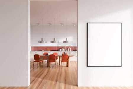 Foto de Interior de la cocina blanca con sillas y mesa de comedor en suelo de madera. Electrodomésticos de cocina y utensilios de cocina en cubierta. Cartel burlón antes de la entrada. Renderizado 3D - Imagen libre de derechos