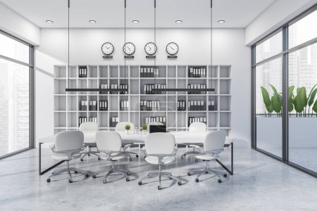 Photo for White conference interior with armchairs and laptop on table. Business meeting room and shelf with documents and clock, panoramic window on Singapore city view. 3D rendering - Royalty Free Image