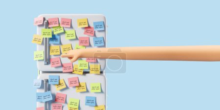 Photo for 3d rendering. Cartoon character hand pointing on refrigerator, colorful sticker notes on blue background, don't eat after 6 pm. Concept of diet, food and addiction illustration - Royalty Free Image