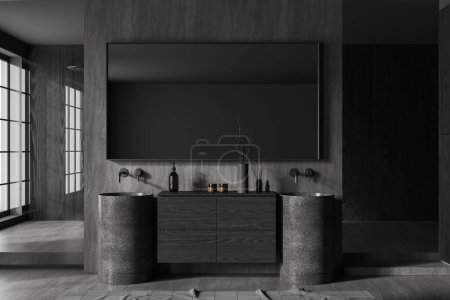 Photo for Interior of stylish bathroom with dark wooden and concrete walls, stone double sink, big mirror and walk in shower. 3d rendering - Royalty Free Image