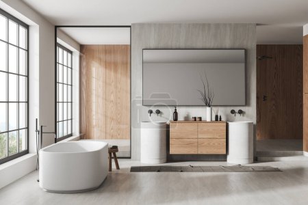 Stylish hotel bathroom interior with double sink, bathtub and shower in the corner, panoramic window and bathing accessories. Bathing space with modern design. 3D rendering