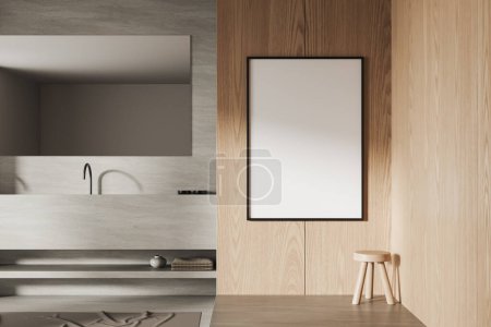 Téléchargez les photos : Confortable intérieur de la salle de bain de l'hôtel avec lavabo et long miroir, accessoires et tabouret dans le coin sur podium en bois, sol en béton gris. Affiche en toile maquillée. rendu 3D - en image libre de droit