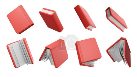 Téléchargez les photos : Livres à couverture rigide rouge ensemble volant, angles différents sur fond blanc. Concept d'école, d'université, d'apprentissage et d'éducation. Illustration de rendu 3D - en image libre de droit