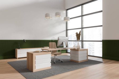 Photo for Stylish business interior with pc computer on work desk, side view carpet on hardwood floor. Manager work zone with sideboard, panoramic window on city view. 3D rendering - Royalty Free Image