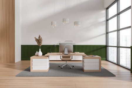 Foto de Interior de negocios moderno con ordenador PC en el escritorio, alfombra en el suelo de madera. Gestor zona de trabajo con cajón, ventana panorámica sobre rascacielos. Renderizado 3D - Imagen libre de derechos