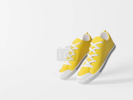 Photo for Pair of yellow sneakers on empty white copy space background. Concept of running, activity and sports fashion shoes. 3d rendering, illustration - Royalty Free Image