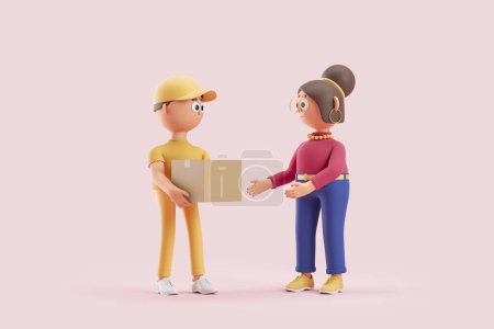 Photo for 3d rendering. Cartoon character man courier handing a carton parcel to a woman, pink background. Concept of online shopping and delivery service illustration - Royalty Free Image