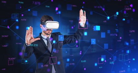 Photo for Businessman in vr glasses headset hands touching data blocks. Double exposure hud with information fields hologram and blockchain. Concept of metaverse and database - Royalty Free Image