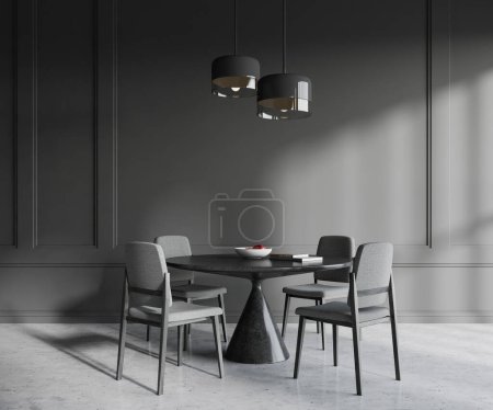 Photo for Interior of stylish dining room with gray walls, concrete floor, black round dining table with chairs and ceiling lamp. 3d rendering - Royalty Free Image