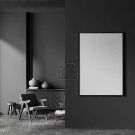 Photo for Interior of stylish living room with gray walls, concrete floor, comfortable armchair, dark wooden dresser and big vertical mock up poster. 3d rendering - Royalty Free Image