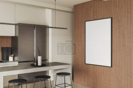 Foto de Interior de la cocina moderna con paredes blancas y de madera, suelo de hormigón, armarios blancos, nevera grande, barra de bar con taburetes y la maqueta vertical de póster. renderizado 3d - Imagen libre de derechos
