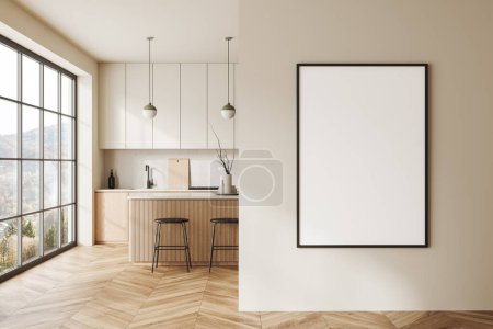 Foto de Interior de la cocina moderna con paredes blancas, suelo de madera, armarios de madera, barra de bar con taburetes y la maqueta vertical de póster a la derecha. renderizado 3d - Imagen libre de derechos
