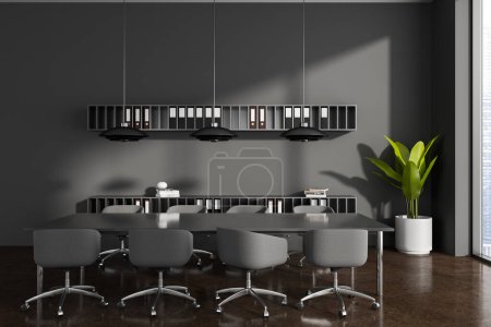 Photo for Interior of modern meeting room with gray walls, brown floor, long table with chairs and cabinets and shelves with folders. 3d rendering - Royalty Free Image