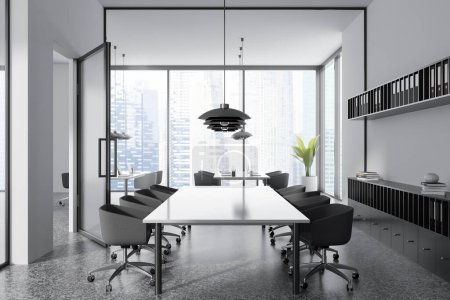 Photo for White business office interior with conference and coworking area, glass doors. Modern workplace design with furniture and documents. Panoramic window on skyscrapers. 3D rendering - Royalty Free Image
