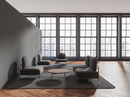 Foto de Interior de la elegante sala de espera oficina con paredes grises, suelo de madera, cómodos sillones grises de pie cerca de mesas de café y ventanas con paisaje urbano borroso. renderizado 3d - Imagen libre de derechos