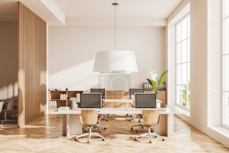 Photo for Modern office interior with armchairs and pc computer on desk, hardwood floor. Coworking workplace with sideboard and panoramic window on tropics. 3D rendering - Royalty Free Image