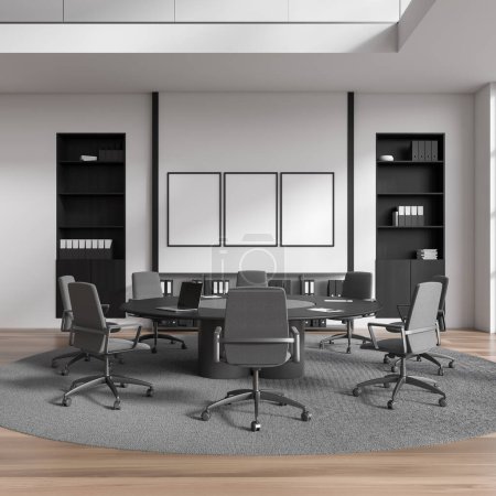 Foto de Interior de negocios blanco con tabla, sillones y estante con decoración. Área de reuniones de negocios con muebles modernos en alfombra, suelo de madera. Finge carteles de lona. Renderizado 3D - Imagen libre de derechos