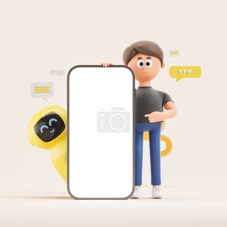Photo for 3d rendering. Cartoon character man finger pointing at big mockup phone screen. Smiling robot with text messages, helping human online. Concept of chatbot, mobile app and AI illustration - Royalty Free Image