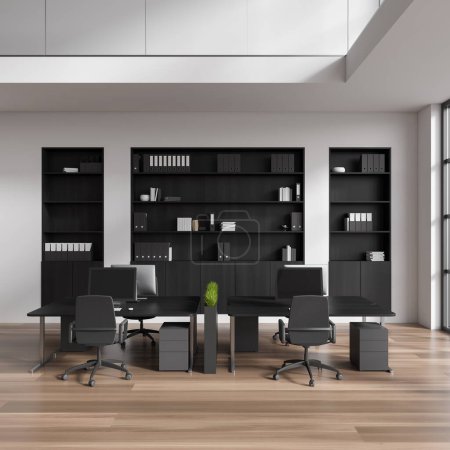 Foto de Moderno interior de la oficina con ordenador PC en el escritorio, estante con documentos y sillones en el suelo de madera. Zona de coworking con mobiliario moderno y ventana. Renderizado 3D - Imagen libre de derechos