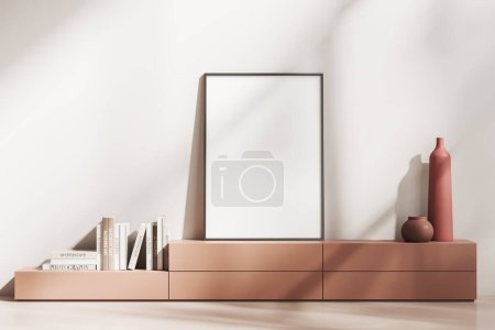 Photo for Stylish living room interior with dresser and art decoration with books, modern minimalist design on light concrete floor. Mock up canvas poster. 3D rendering - Royalty Free Image