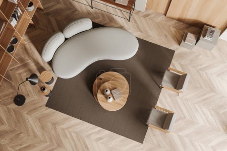 Téléchargez les photos : Vue de dessus de l'intérieur beige chill avec canapé et deux fauteuils, étagère et table basse avec décoration, tapis sur parquet. rendu 3D - en image libre de droit