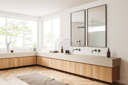 Photo for Light bathroom interior with double sink and two mirrors, side view, wooden dresser with accessories, hardwood floor. Panoramic window on tropics. 3D rendering - Royalty Free Image