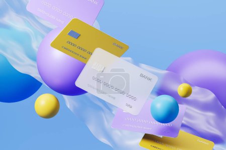 Photo for Bank credit card in row, top view, payment and purchase, abstract geometric figures on light blue background. Concept of e-commerce and transaction. 3D rendering - Royalty Free Image