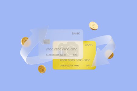 Photo for Two bank credit cards on blue background with transparent arrow, coins floating. Concept of cashback and money transferring. 3D rendering - Royalty Free Image