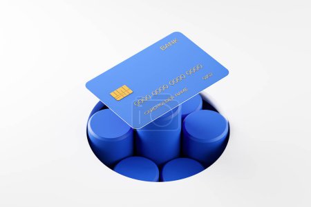 Téléchargez les photos : Carte bleue sur podium abstrait, fond gris clair. Concept de banque et de paiement, e-commerce. rendu 3D - en image libre de droit