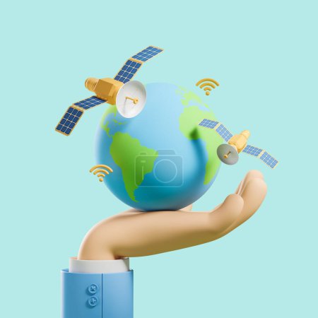 Foto de La mano de dibujos animados sostiene la esfera de la tierra con satélites, iconos wifi sobre fondo claro. Concepto de wifi y red global. Renderizado 3D - Imagen libre de derechos