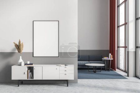Photo for Modern living room interior sofa and coffee table with decoration, sideboard on grey concrete floor before entrance. Panoramic window on Singapore city view. Mock up blank poster. 3D rendering - Royalty Free Image