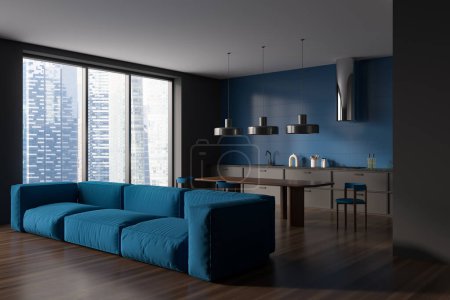 Photo for Dark studio interior with sofa and dining table, panoramic window on Singapore city view. Cooking area with kitchen appliances and relax space, hardwood floor. 3D rendering - Royalty Free Image